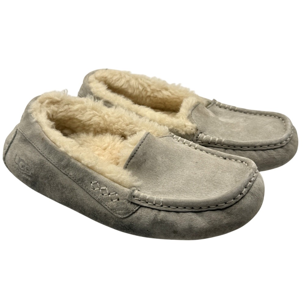 Ugg Ansley Sheepskin Suede Slippers Women 6 Gray Rubber Outsole Comfort